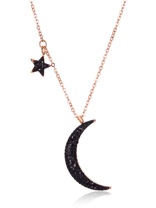 Rose Gold Pendant Chain Stainless Steel With black Rhinestone Trendy Moon star Necklaces