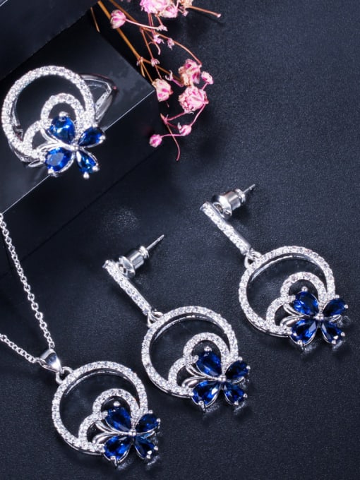 Blue US 8 Copper With Cubic Zirconia  Delicate Flower 3 Piece Jewelry Set