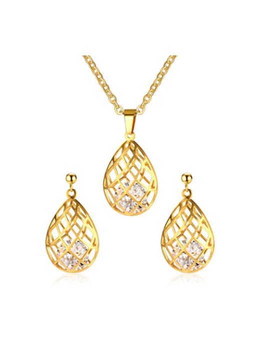 gold Exquisite Hollow Water Drop Shaped Zircon Two Pieces Jewelry Set