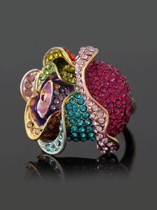 Wei Jia Fashion Exaggerated Rose Flower Colorful Rhinestones Alloy Ring 0
