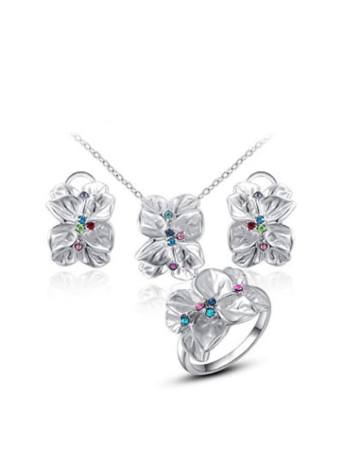Platinum Elegant White Gold Plated Flower Shaped Crystal Three Pieces Jewelry Set