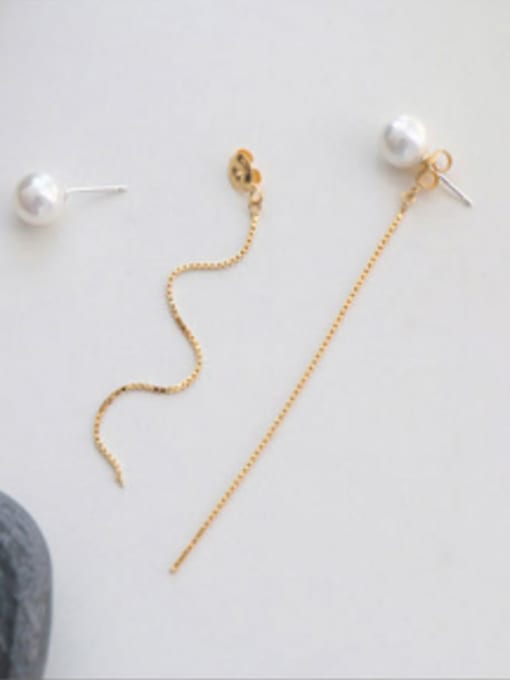 gold Simple White Artificial Pearls Slim Line Silver Stud Earrings