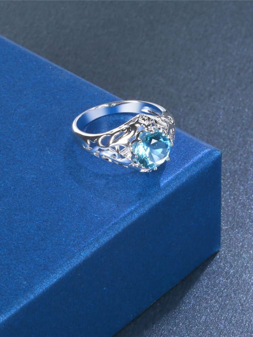 Platinum Fresh Blue Round Shaped Glass Bead Ring