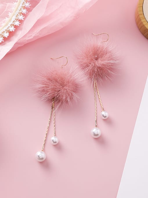 A Pink Alloy With Imitation Gold Plated Bohemia Round  Plush Ball Drop Earrings