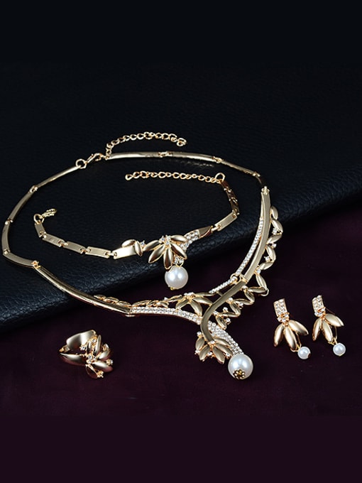 BESTIE Alloy Imitation-gold Plated Fashion Artificial Pearl Leaf-shaped Four Pieces Jewelry Set 1