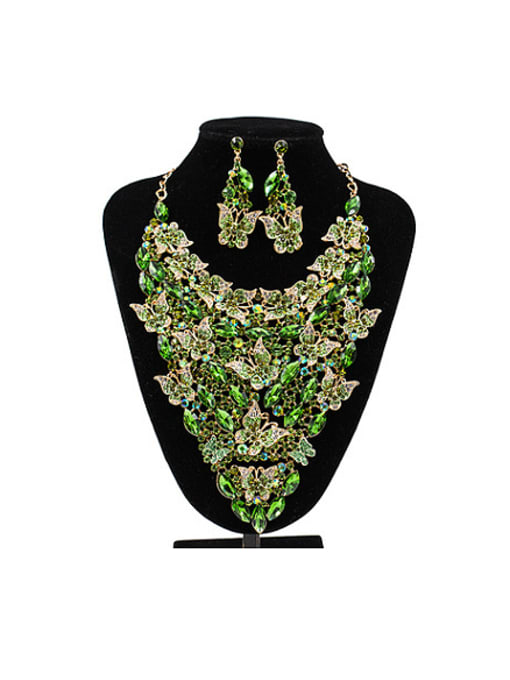 Green Butterflies Glass Rhinestones Two Pieces Jewelry Set