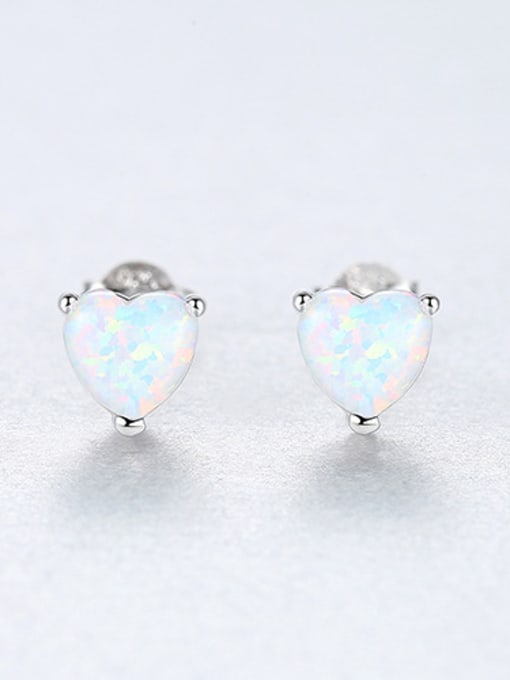 White 925 Sterling Silver With Opal Cute Heart Stud Earrings