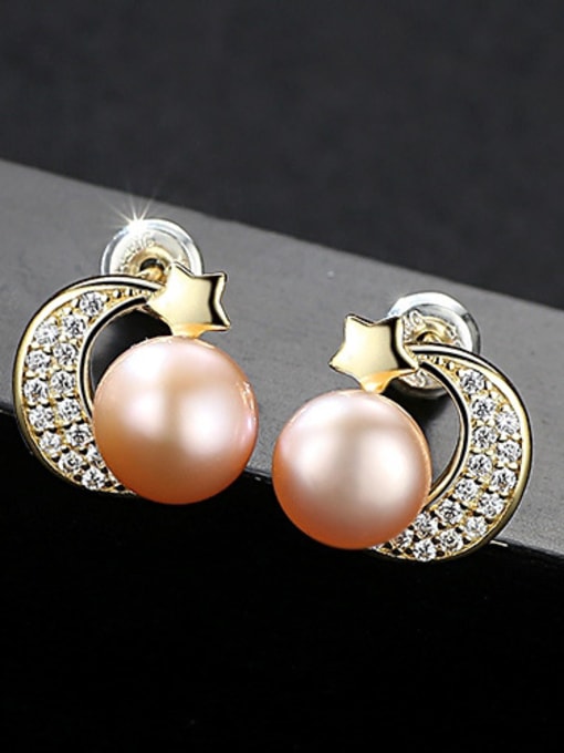 Purple Sterling silver micro-inlay AAA zircon natural pearl star-moon earrings