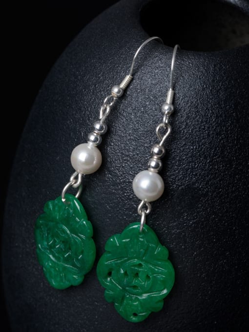 SILVER MI Retro style Shell Pearls Green Emerald 925 Silver Earrings 1