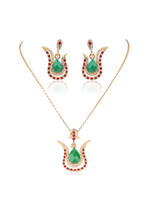 Gujin Bohemia Ethnic style Green Water Drop Resin stones Cubic Crystals Alloy Two Pieces Jewelry Set 0