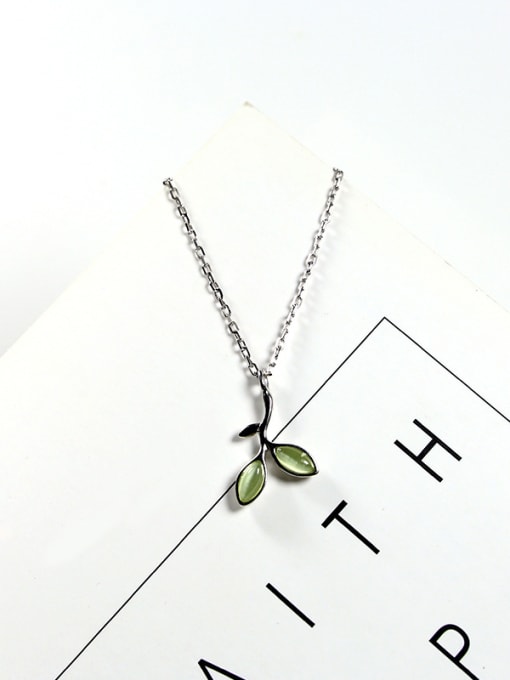 Peng Yuan Simple Little Green Stone Leaves Pendant 925 Silver Necklace 0