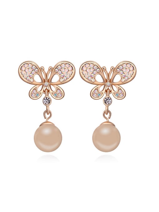 QIANZI Fashion Champagne Gold Plated Imitation Pearl Butterfly Stud Earrings