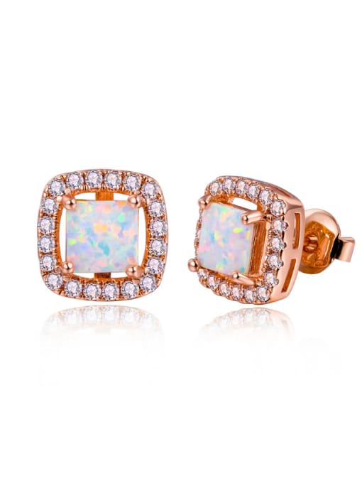 Opal Rose Gold Plated Square Shaped Opal Zircons Small Stud Earrings