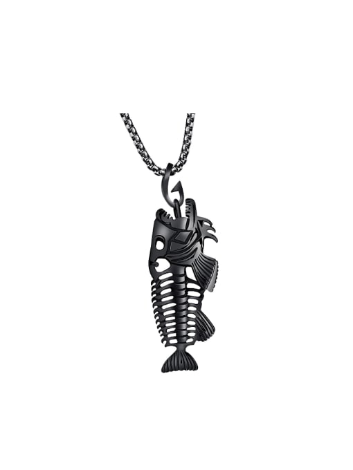 black Personalized Fish Bone Pendant Titanium Necklace
