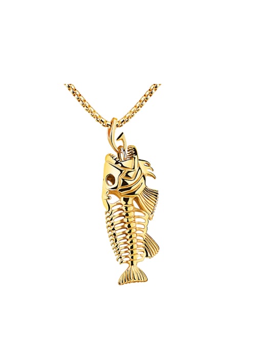 gold Personalized Fish Bone Pendant Titanium Necklace