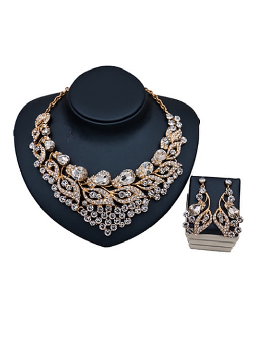 White Fashion Leaves shaped Glass Rhinestones Two Pieces Jewelry Set