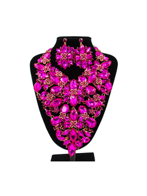 hot pink Exaggerated Flower Glass Rhinestones Two Pieces Jewelry Set