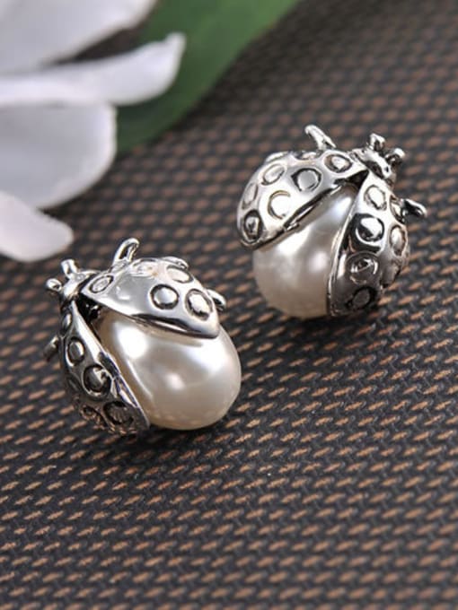 Platinum Cute Ladybug Shaped Artificial Pearl Stud Earrings