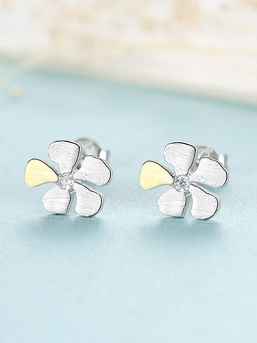 Platinum- 925 Sterling Silver With Cubic Zirconia  Cute Two-Color Flower Stud Earrings