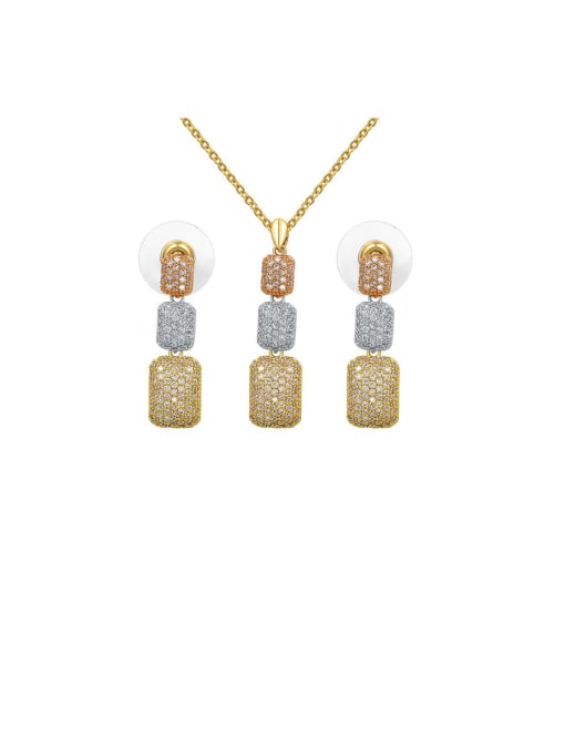 3-color mixing Copper With  Cubic Zirconia  Personality Square Pendant  Earrings And Necklaces  2 Piece Jewelry Set