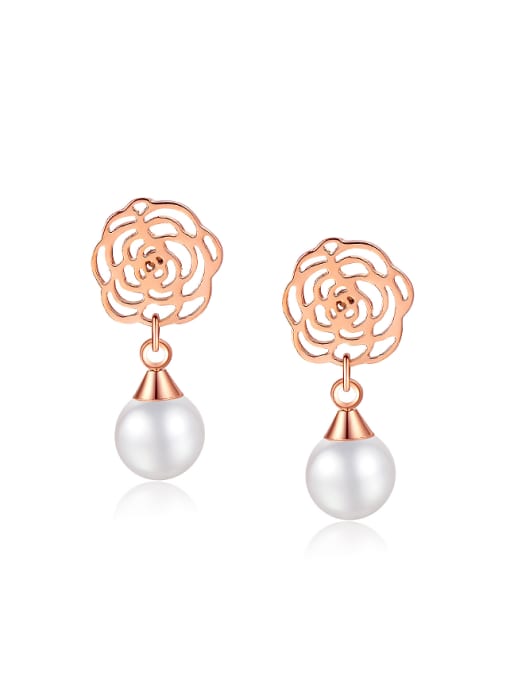 Open Sky Elegant Hollow Flower Artificial Pearl Titanium Stud Earrings 0