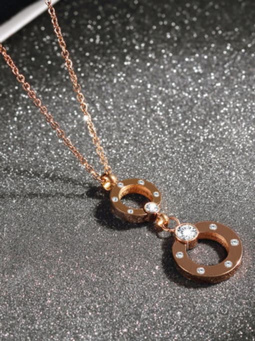 OUXI Rose Gold Rhinestone Stainless Steel  Double Loop Shaped Necklace 0