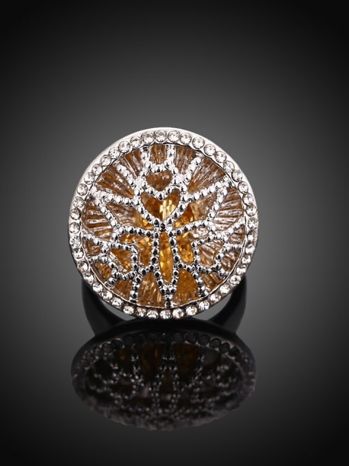 Platinum Exaggerated Hollow Flower Pattern Rhinestones Ring