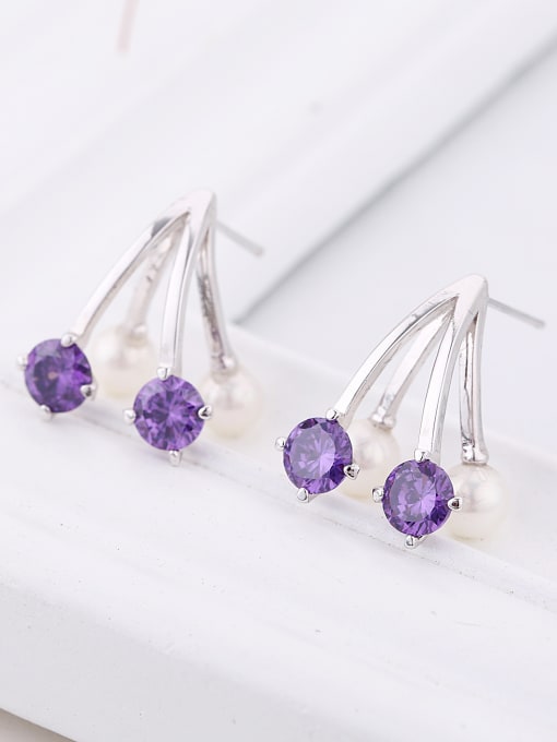 Purple Personalized Cubic Zirconias Imitation Pearls Copper Stud Earrings