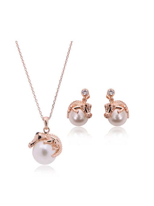 BESTIE Alloy Rose Gold Plated Fashion Artificial Pearl Crocodile Two Pieces Jewelry Set 0
