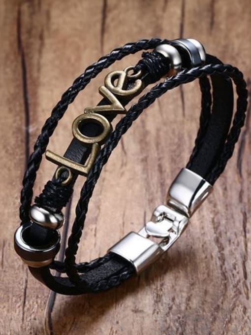black All-match Monogrammed Shaped Artificial Leather Alloy Bracelet