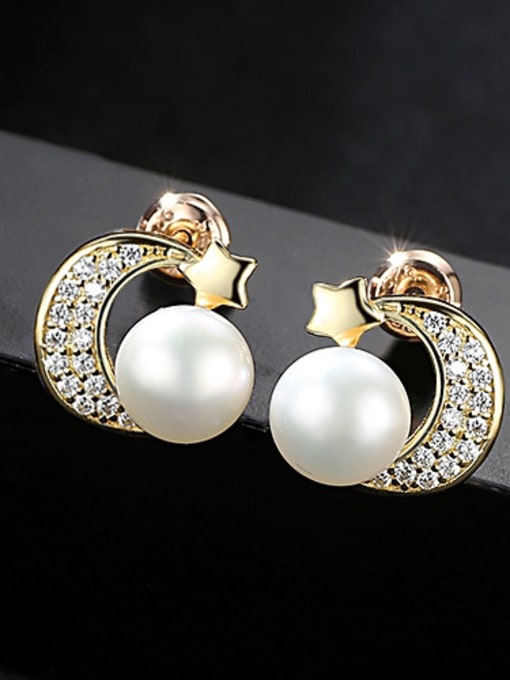 White Sterling silver micro-inlay AAA zircon natural pearl star-moon earrings