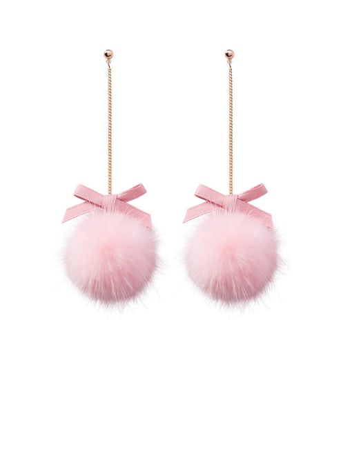 A Pink Alloy With Rose Gold Plated Cute Long Bow Hairball  Drop Earrings