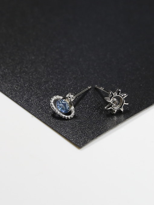 Peng Yuan Asymmetrical Tiny Blue Planet Sun 925 Silver Stud Earrings 2