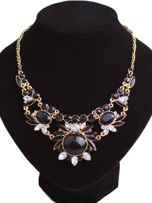 Black Exaggerated Resin sticking White Rhinestones Gold Plated Necklace