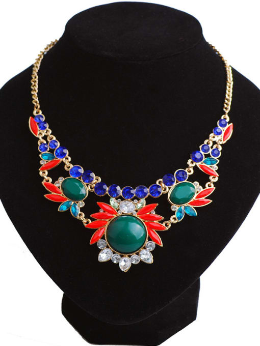 multi-color Exaggerated Resin sticking White Rhinestones Gold Plated Necklace