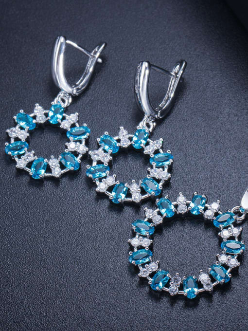 Sea Blue Color Luxury Shine Square High Quality Zircon Round Necklace Earrings 2 Piece jewelry set Multicolor