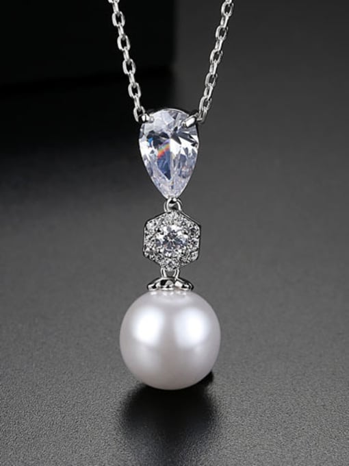 Platinum Copper inlaid AAA zircon imitation pearl Water Drop Necklace