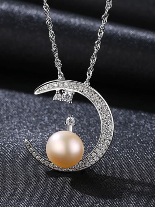 pink Pure silver with zircon pearl Moon Necklace
