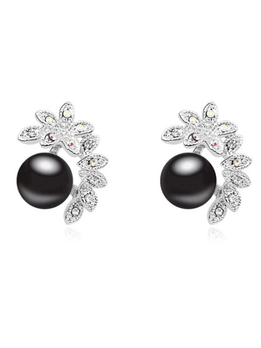 Black Fashion Shiny Flowery Imitation Pearl Alloy Stud Earrings