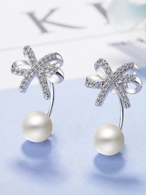 AI Fei Er Fashion Shiny Zirconias Bowknot Imitation Pearl Stud Earrings 2