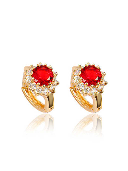 Gold Noble Red 18K Gold Plated Flower Shaped Zircon Clip Earrings