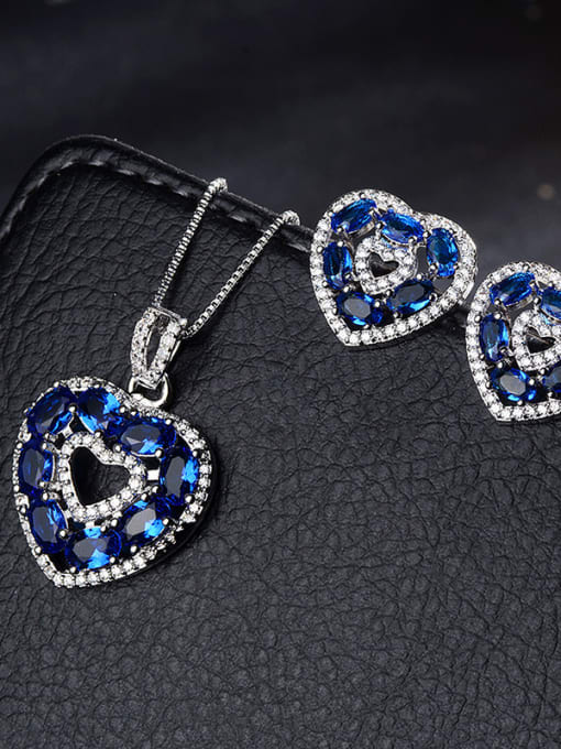 blue+platinum Copper With Glass stone Classic Heart 2 Piece Jewelry Set