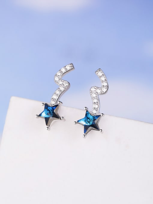 One Silver Fashion Blue Crystal Star Cubic White Zirconias 925 Silver Stud Earrings 0