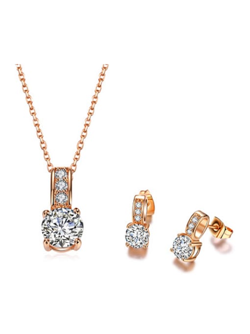 Rose Gold Copper 18K Gold Plated Fashion Zircon Round Two Pieces Jewelry Set