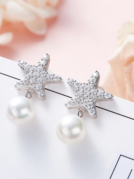 CEIDAI Fashion Artificial Pearl Shiny Zirconias-covered Star 925 Silver Stud Earrings 2