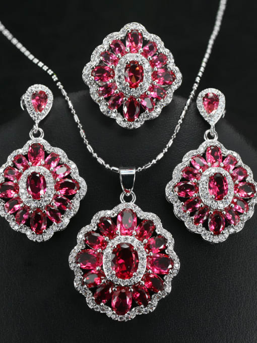 The Red Ring Is 6 Yards Colorful Zircons Flower Three Pieces Jewelry Set