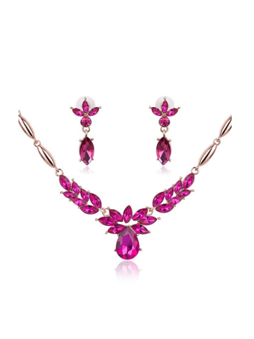 Hot Pink Alloy Rose Gold Plated Fashion Flower-shaped Artificial Gemstone Two Pieces Jewelry Set