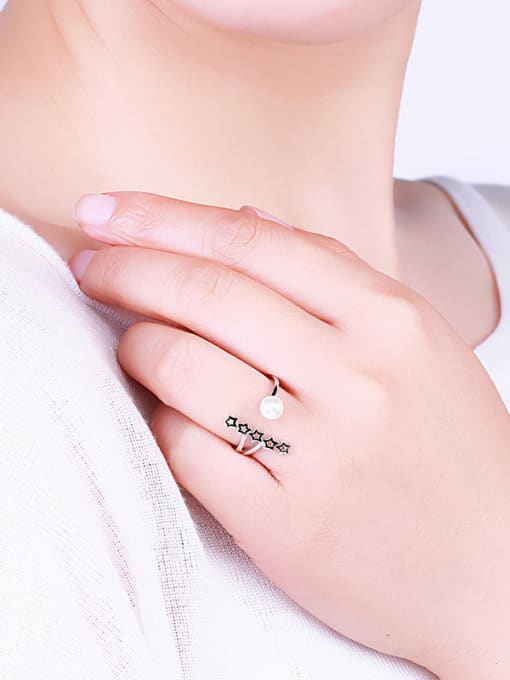 One Silver Personalized Tiny Hollow Stars Artificial Pearl 925 Silver Opening Ring 1