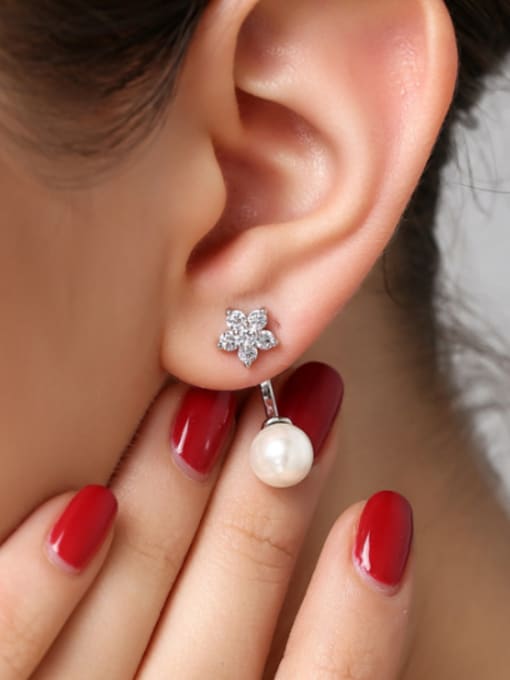 AI Fei Er Fashion Zirconias Flower Imitation Pearl Stud Earrings 1