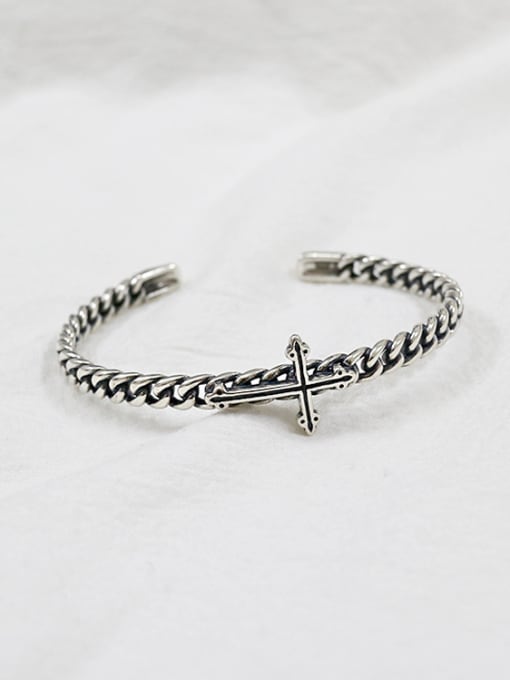 DAKA Retro style Antique Silver Plated Cross Silver Opening Bangle 2